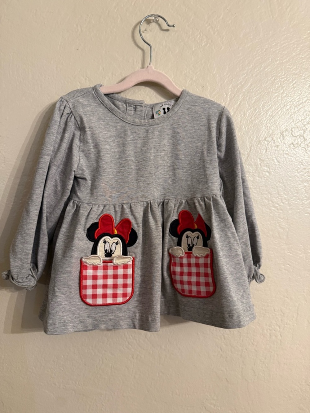 Girls' Grey Minnie Mouse Pocket Tunic Top - Red Check Accents